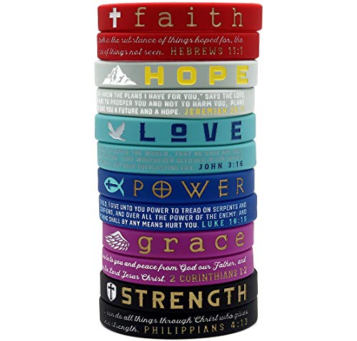 (12-pack) Christian Inspirational Bible Bracelets, Variety Pack - Faith Hope Love Power Grace Strength - Wholesale Pack of 1 Dozen Silicone Rubber Wristbands in Bulk for Religious Gifts Party Favors
