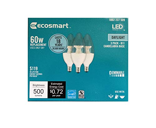 3-Pack Ecosmart 60 Watt Equivelent LED Dimmable Candelabra Daylight Uses 6 Watts Daylight 5000 K 500 Lumens