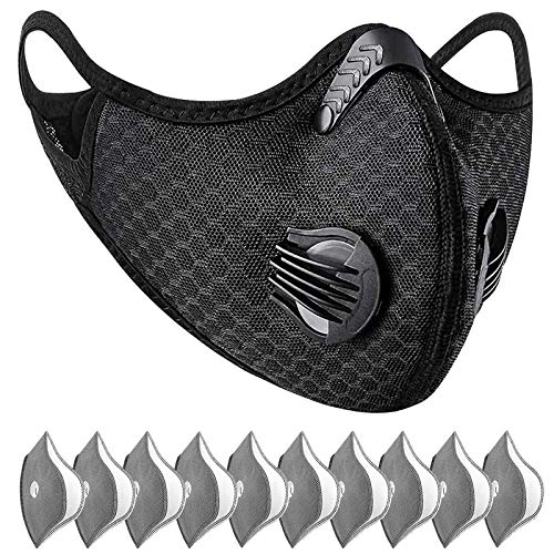 ATTICA Dust Face Mask With Filters, Washable and Reusable Sports Mask for Outdoor Activities, Cycling, Motorcycle, Running (Black, 1 Mask + 10 Activated Carbon Filters Included)
