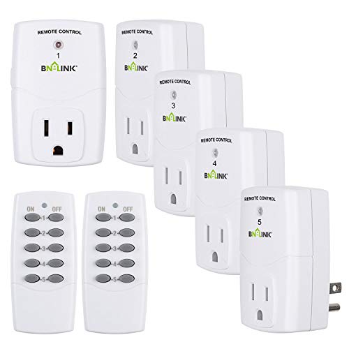 BN-LINK Mini Wireless Remote Control Outlet Switch Power Plug in for Household Appliances, Wireless Remote Light Switch, LED Light Bulbs, White (2 Remotes + 5 Outlets) 1200W/10A