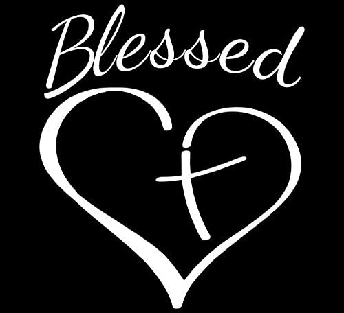 Decaltor Blessed Cross And Heart Christian Decal Vinyl Sticker|Cars Trucks Vans Walls Laptop| White 5.5 x 4.5 in