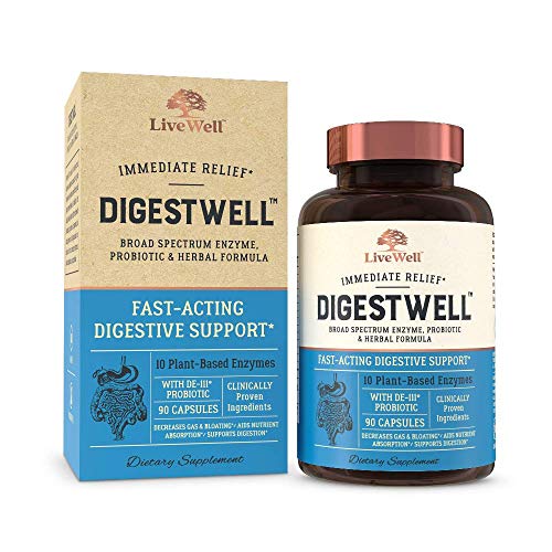 DigestWell Immediate Relief - Fast-Acting Digestive Support | Broad Spectrum Enzyme, Probiotic & Herbal Formula - Decreases Gas & Bloating - 90 Capsules