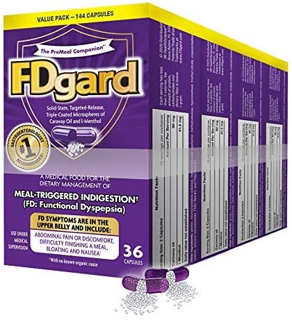 FDgard for The Dietary Management of Meal- Triggered Indigestion (FD: Functional Dyspepsia) Symptoms Including, Abdominal Discomfort, Difficulty Finishing a Meal, Bloating†*, Nausea, 144 Capsules