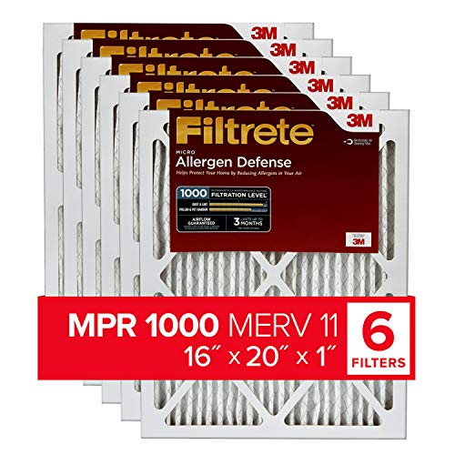 Filtrete 16x20x1, AC Furnace Air Filter, MPR 1000, Micro Allergen Defense, 6-Pack (exact dimensions 15.69 x 19.69 x 0.81)