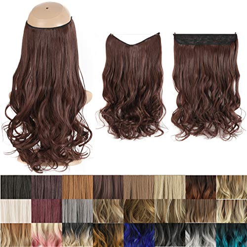 GIRLSHOW Halo Synthetic Hair Extensions 24 Inch 4.8 Oz Curly Wavy Long Invisible Transparent Wire Adjustable Size Heat Resistance Fiber No Clip Hairpieces for Women (Dark Auburn -#39, 24 Inch)
