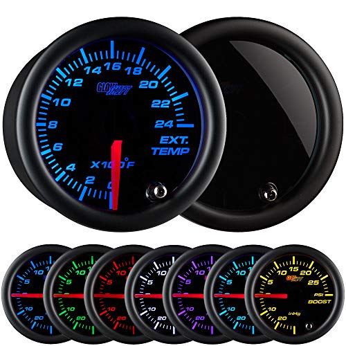 GlowShift Tinted 7 Color 2400 F Pyrometer Exhaust Gas Temperature EGT Gauge Kit - Includes Type K Probe - Black Dial - Smoked Lens - for Car & Truck - 2-1/16" 52mm