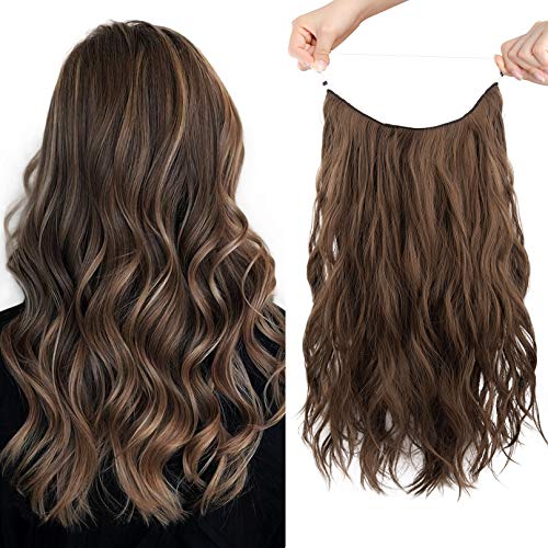 HOOJIH Halo Hair Extensions 3 Ways Adjustable Head Size Curly Wavy Halo Wigs 20 Inch 140 Gram Hidden Crown Invisible Secret Extensions for Women - Ginger Medium Brown