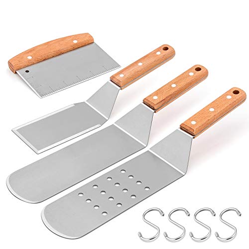 HaSteeL Metal Spatula Set of 4, Stainless Steel Griddle Spatula Tools Set with Wooden Riveted Handle, Professional Griddle Accessories Kit for Teppanyaki BBQ Flat Top Hibachi Cooking Grilling