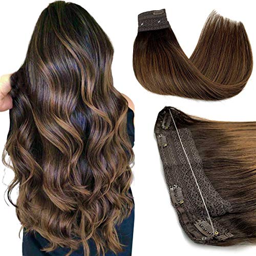 Halo Hair Extensions, Straight Hidden Wire Hair Extensions, Dark Brown with Light Brown Secret Hair Extension, Fish Line Flip in Human Hair Extensions, 12 inch, hotbanana