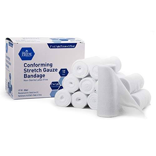 MED PRIDE Conforming Gauze Rolls (3''x 4.1 yd)– Pack of 12 First Aid Rolled Stretch Bandages for Wounds & Injuries – Disposable Nonsterile Body Wrap Dressing for The Knee, Ankle, Hands, Wrist, White