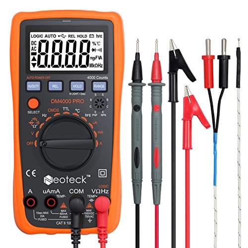 Neoteck Auto Ranging Digital Multimeter with Portable Case, 4000 Counts Volt Meter for AC/DC Volt Current Resistance Capacitance Frequency Temperature CMOS and TTL Duty Cycle Transistor Diode