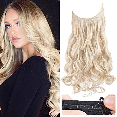 REECHO Halo Hair Extensions with Invisible Transparent Wire Adjustable Size Removable Secure Clips in Curly Wavy Hidden Crown Secret Hairpiece for Women 24 Inch - Cool Light Blonde