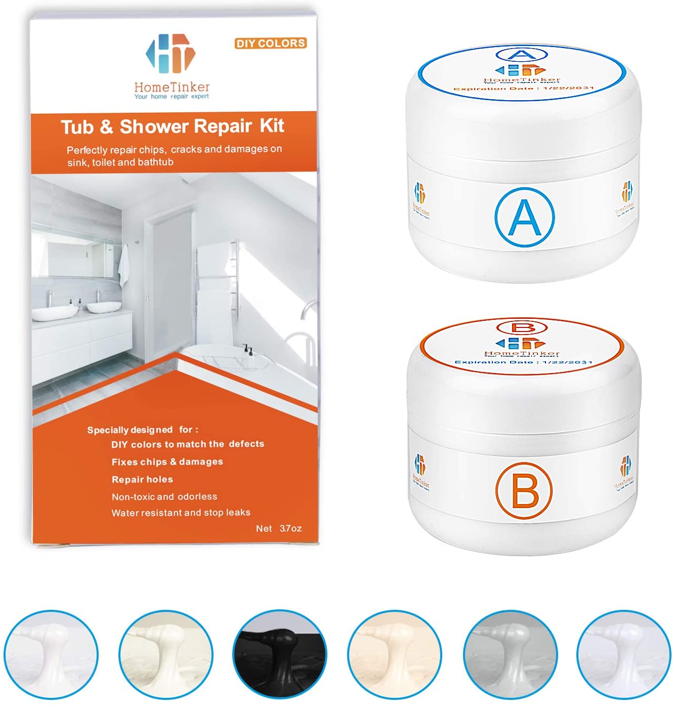 Tub, Tile and Shower Repair Kit (Color Match), 3.7oz Fiberglass Repair Kit, Porcelain Repair Kit White/Almond/Black/Bone/Bisque/Biscuit/Grey/Cream/Off...
