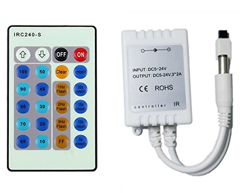 Xking IRC240-S 24 Key IR Remote Led Dimmer Controller for 5050 3528 5630 Single Color Flexible Led Strip Rope lights Dimmer，12v 6a,DC5.52.1mm port