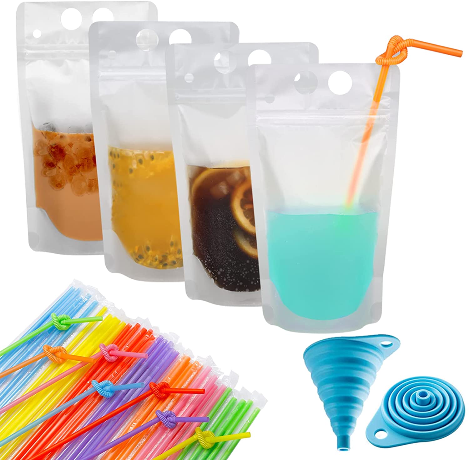 100 Pcs Zipper Plastic Pouches Drink Bags,Heavy Duty Hand-Held Translucent frosted Reclosable Stand-up Bag 