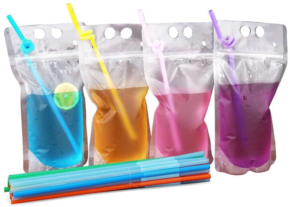 50 Pack Disposable Plastic Drink Pouches Bags 17oz with Straws,5 by 9 Inches 8mil