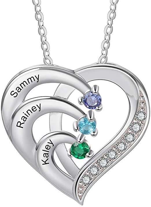 Engraved Mom Necklace with 3 Simulated Birthstone Personalized 3 Names Heart Pendant Mother Daughter