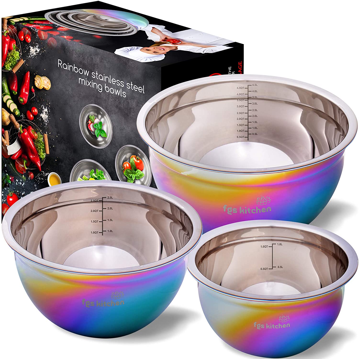 FGS Kitchen Rainbow Mixing Bowls – Set of 3 Colorful Nesting Stainless Steel Mixing Bowls