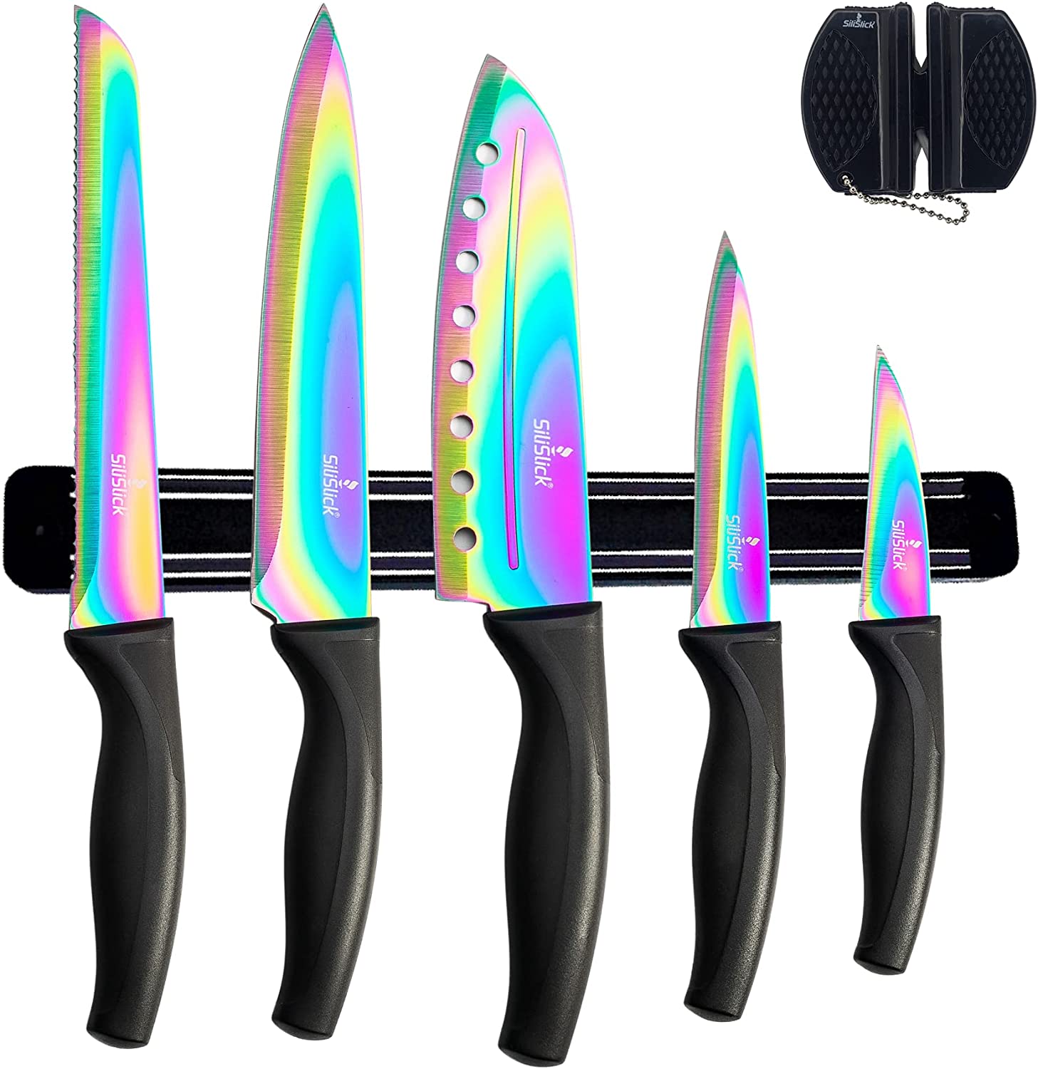 SiliSlick - Rainbow Knife Kitchen Starter Set (5 Professional Grade Iridescent/Rainbow Blade Knives)