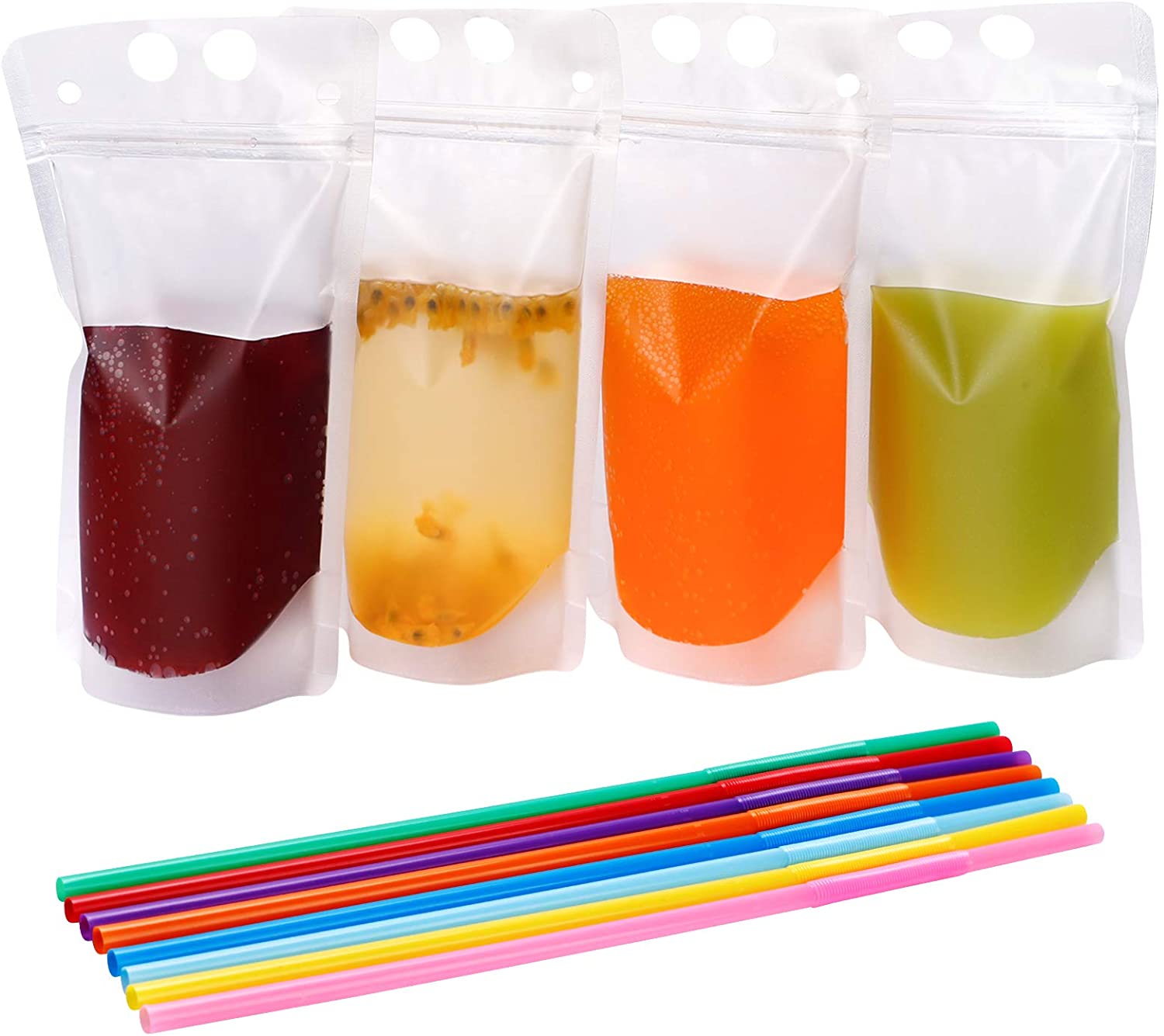 TOMNK 100pcs Clear Drink Pouches Bags Smoothie Bags Reclosable Zipper Heavy Duty Hand-held Translucent Stand-up Plastic Pouches Bags Drinking Bags 2.4 Inches Bottom Gusset with 100pcs Straws