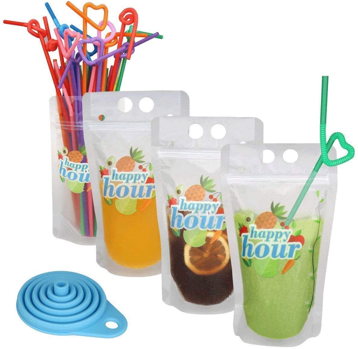 Zipper Plastic Pouches Drink Bags, Heavy Duty Hand-Held Translucent Frosted Reclosable Stand-up Bag 2.4" Bottom Gusset with 120 pcs Straws & Funnel Included