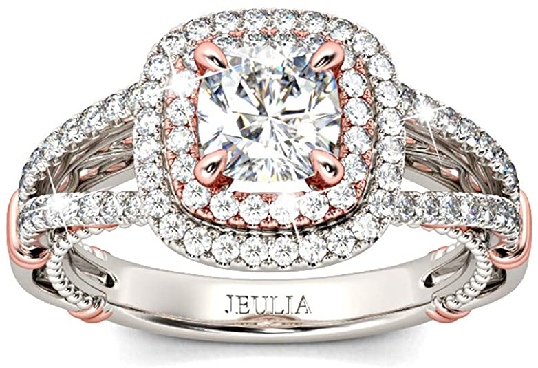 Jeulia Brilliant Diamond Band Rings for Women Halo Split Shank Cushion Cut 925 Sterling Silver Ring Wedding Engagement Anniversary Promise Ring Bridal Sets