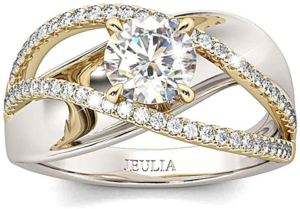 Jeulia Engagement Rings for Women Sterling Silver Two Tone Gold Bridal Sets Crossover Round Engagement Ring Sets Cubic Zirconia Anniverdary Promise with Jewelry Gift Box