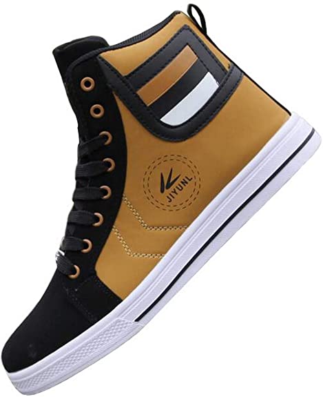 tazimall Mens Round Toe High Top Sneakers Casual Lace Up Skateboard Shoes Gold