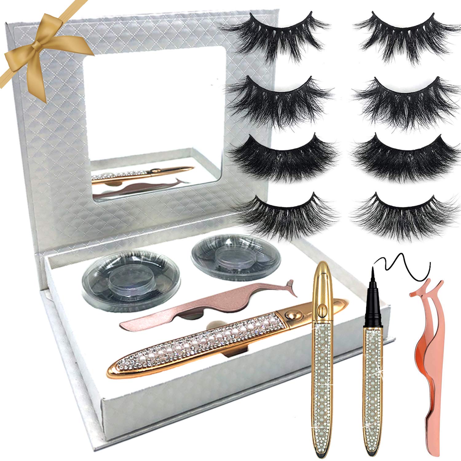 Eyelashes Eyeliner Kit,2020 Upgraded Self-Adhesive False Lashes 4 Pairs Long Dramatic Mink Lashes Wispy Lashes Self-adhesive Eyeliner-No Glue No Magnet Needed False Lashes Tweezers (Diamond Silver)