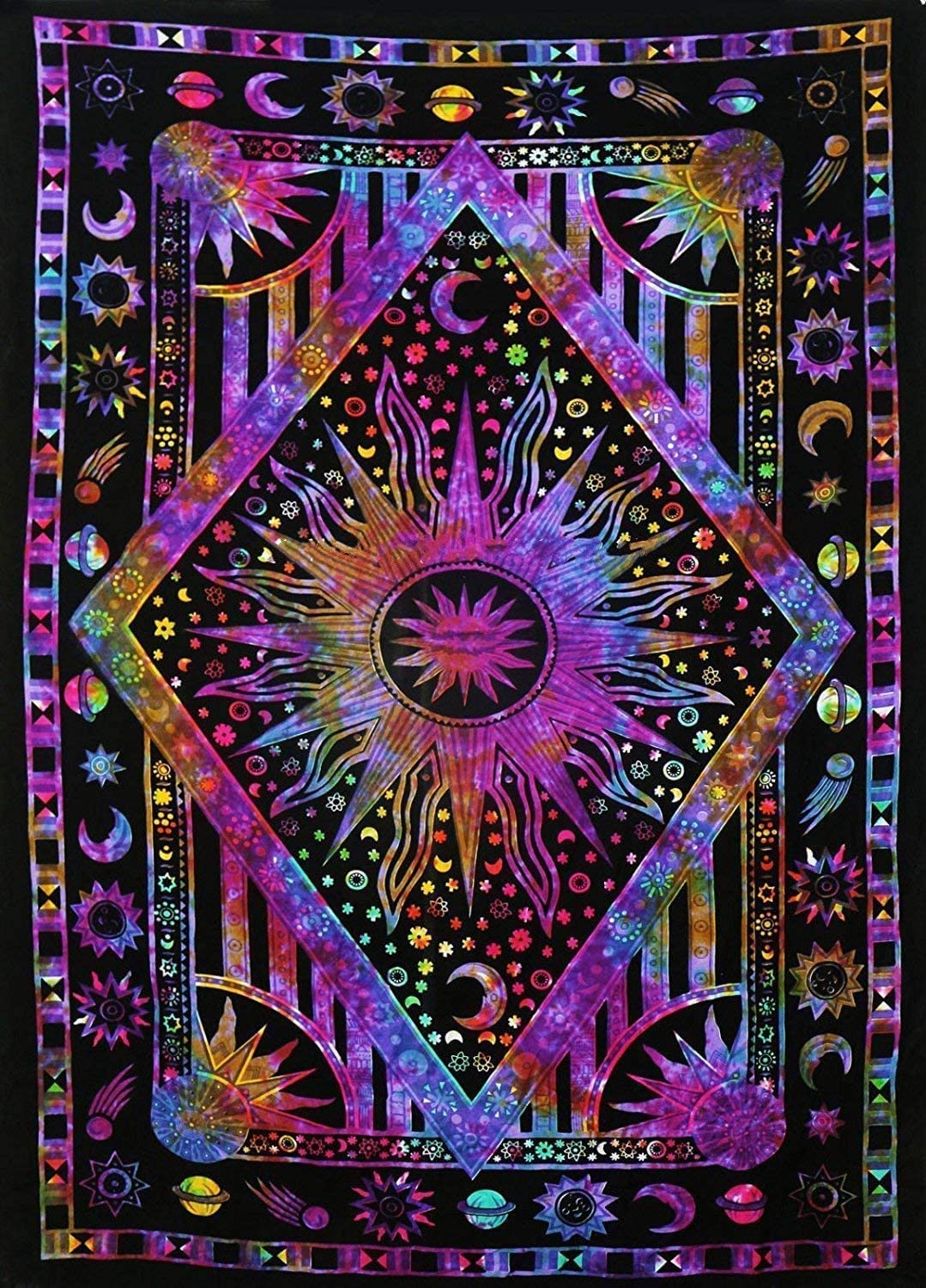 ANJANIYA Burning Sun Tie Dye Tapestry, Celestial Sun Moon Star Planet Bohemian Poster Tapestry Tarot Wall Hanging Boho Hippie Hippy Beach Coverlet Curtain (Purple Multi, 30"X40") Brand: ANJANIYA
