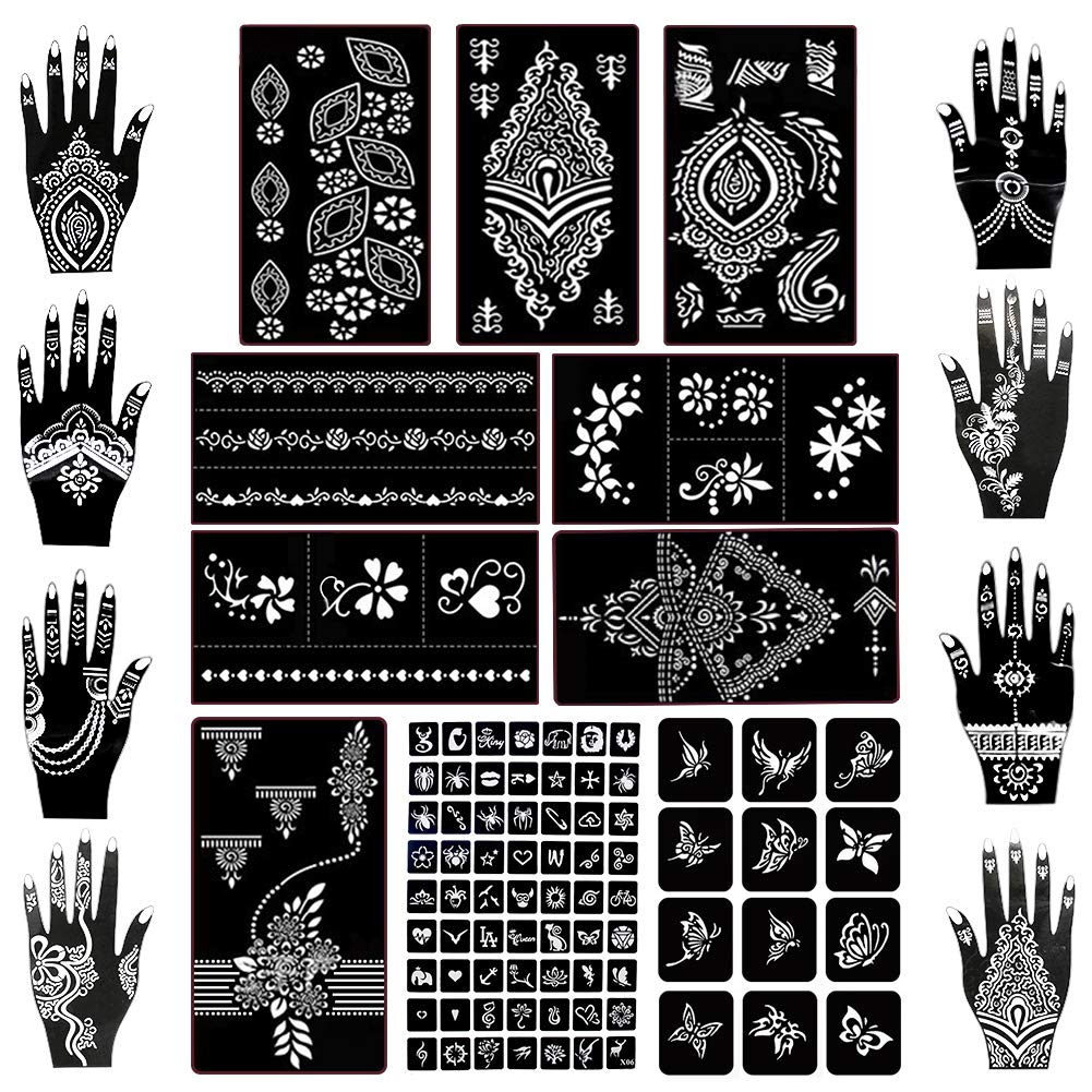 Koogel-18-Sheets-Henna-Tattoo-Stencil-Kit,-97 Pcs-Temporary-Glitter-Airbrush
