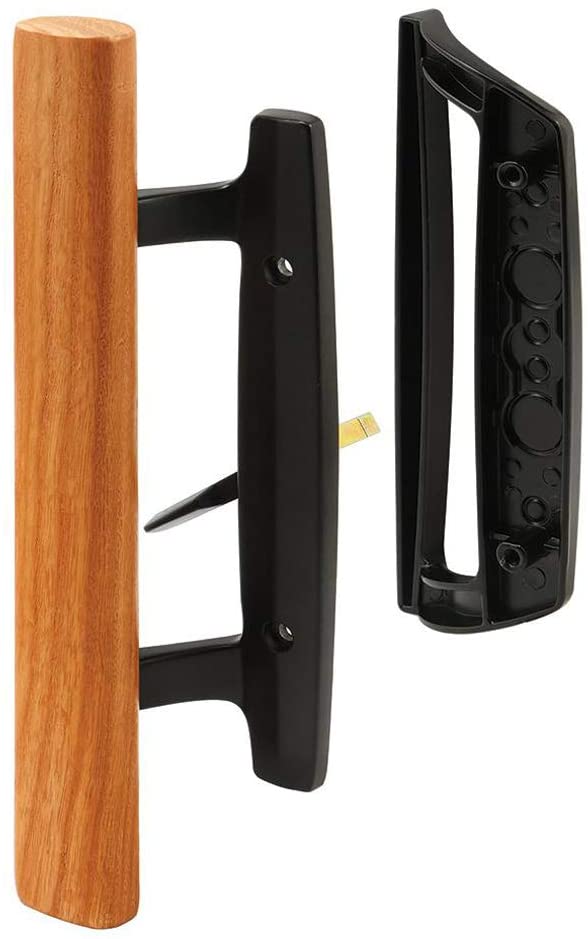 Mortise Style Reversible Sliding Patio Door Handle Set with Oak Wood Interior Handle and Exterior